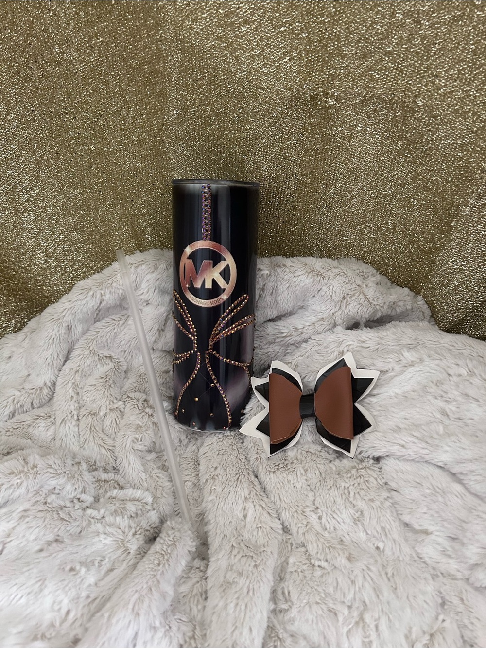 Black Tumbler with Rose Gold Logo and Brown Bow Accent